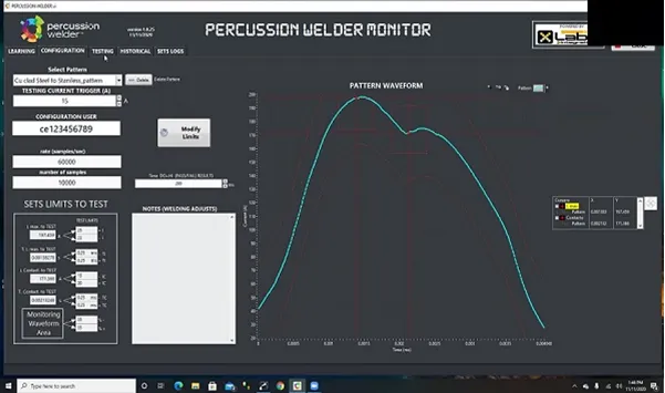 Screenshot of the Percussion Welder Monitor software showing a current waveform graph