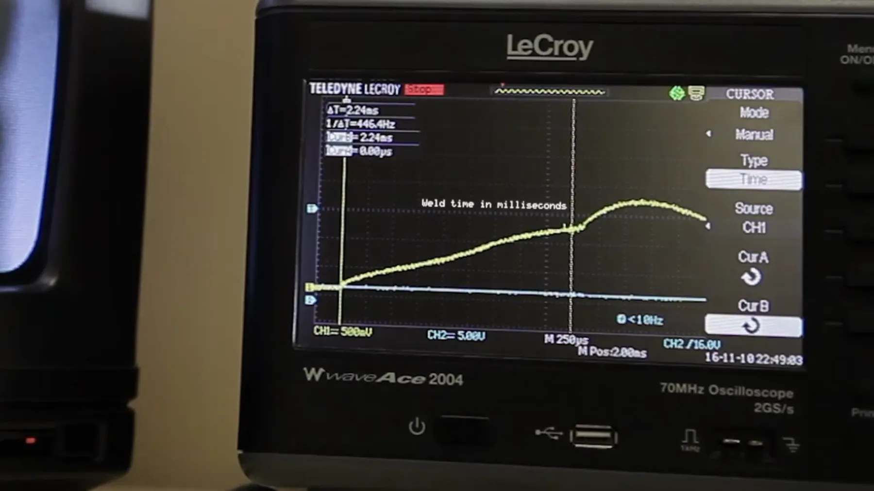 Oscilloscope screen showing a weld current curve over a few milliseconds