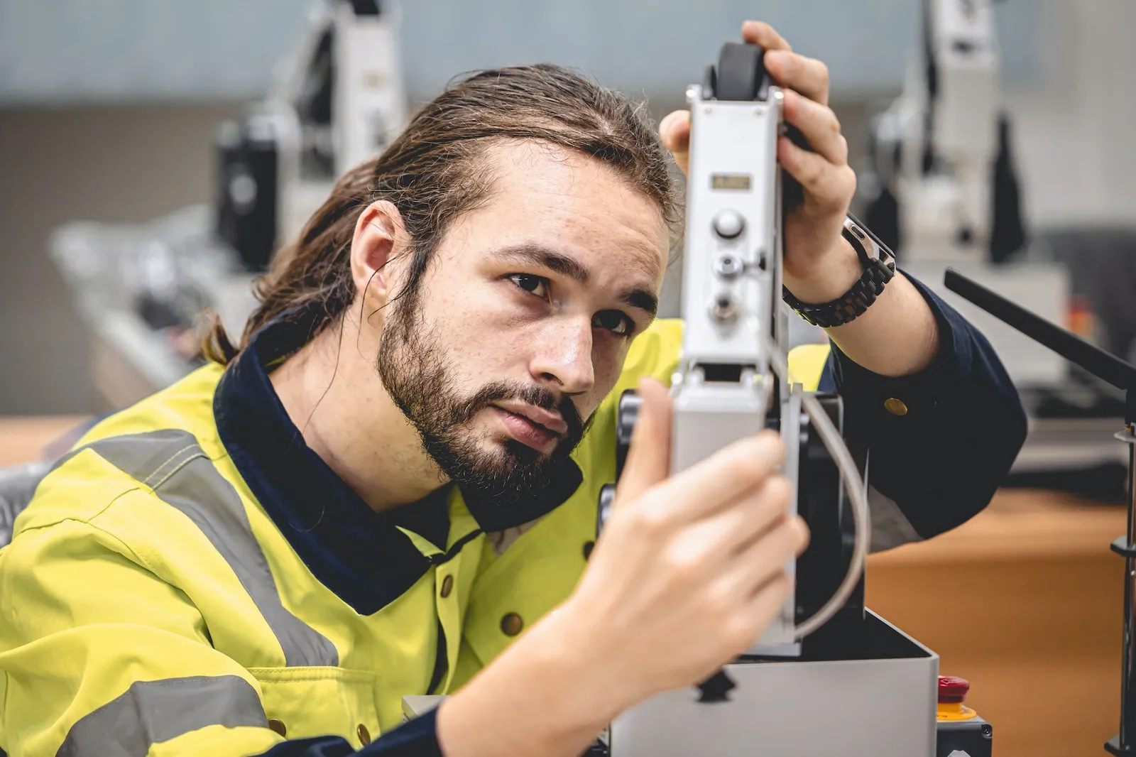 Aerospace assembly mechanical engineer male working design
